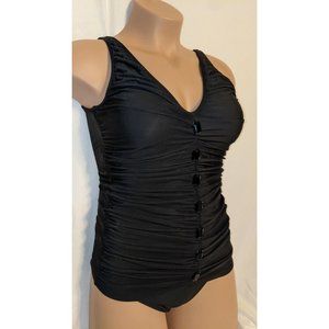 Shape FX Swim One Piece Black Ruched Slimming Swimsuit Dress Sz 12 padded bra